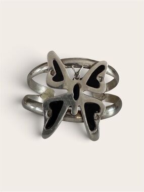 Vintage Alpaca Silver Butterfly Cuff Bracelet Black Inlay